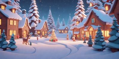 The primary subject of the image is a snowy village with a Christmas tree in the center. The setting is a winter landscape with snow-covered houses and trees. The visual style is a digital art or illustration, creating a festive and cozy atmosphere. The dominant colors are white, red, and green, representing the Christmas season.